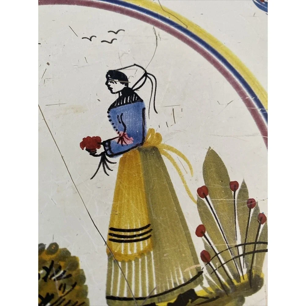 Vintage Enamel‎ Serving Tray Folk Art Scene Blue Floral Border